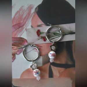 🍓Japanese Inspired Lotus Hoop Earrings |Rose quartz Flower|Porcelain Studs